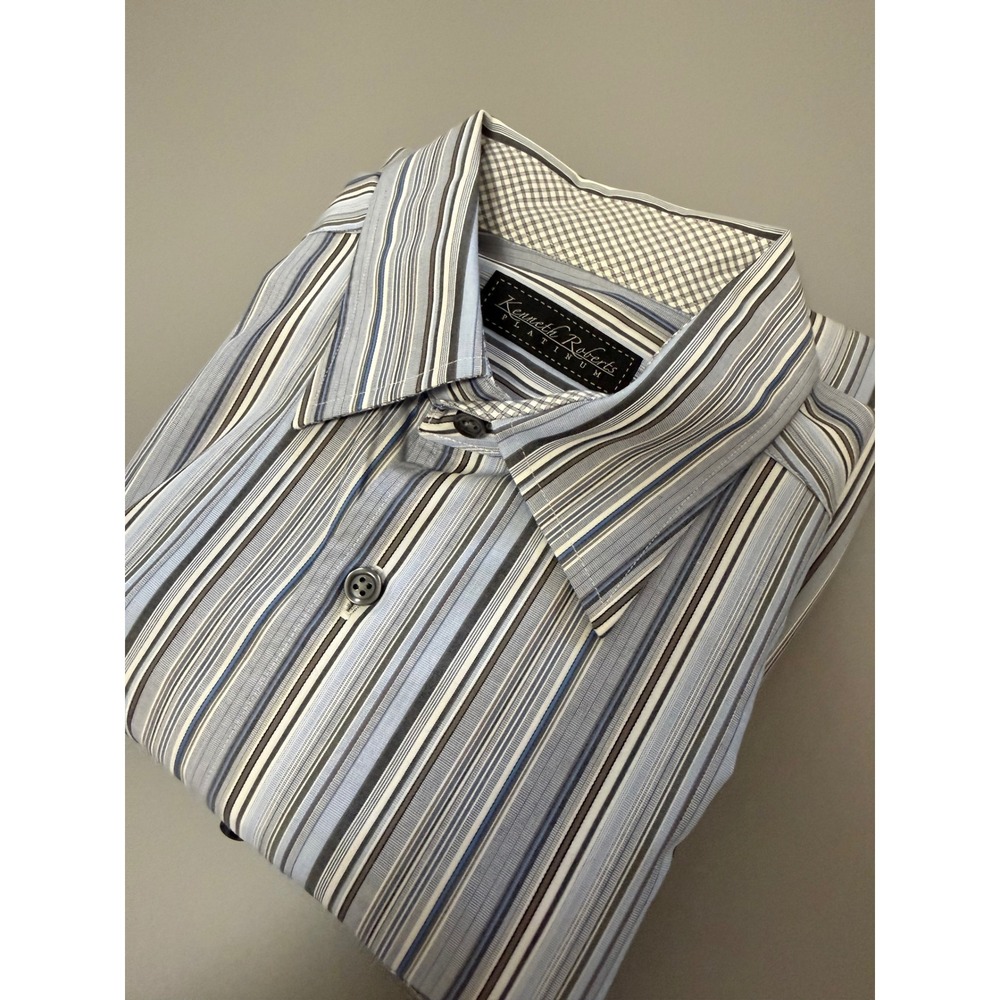 Kenneth Roberts Platinum Mens Large Blue Striped 100% Cotton Dress Shirt L/S